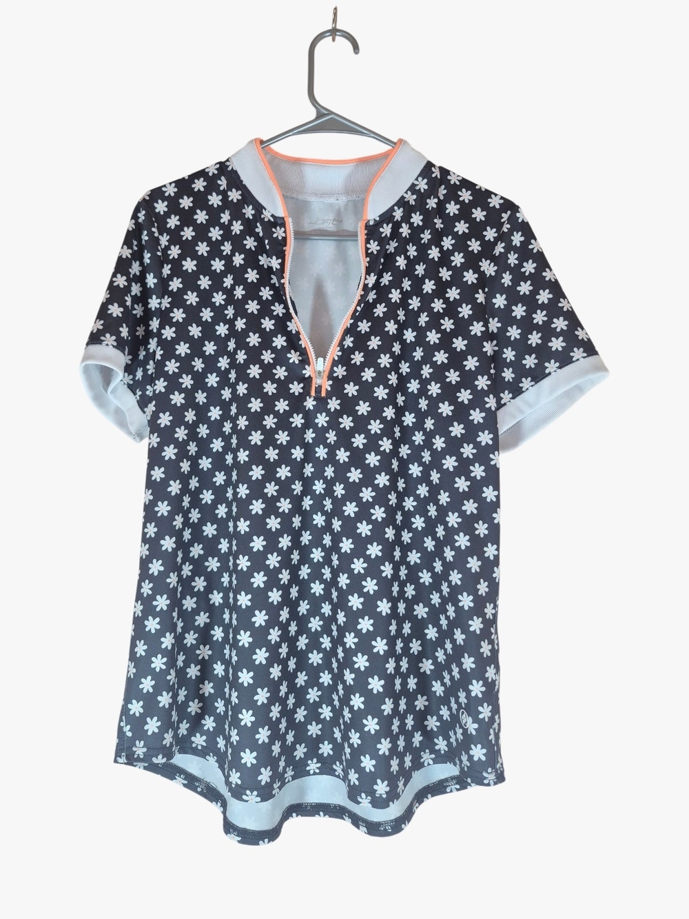 Jofit Black Short Sleeve Polo Top with White Floral Print and Coral Zip